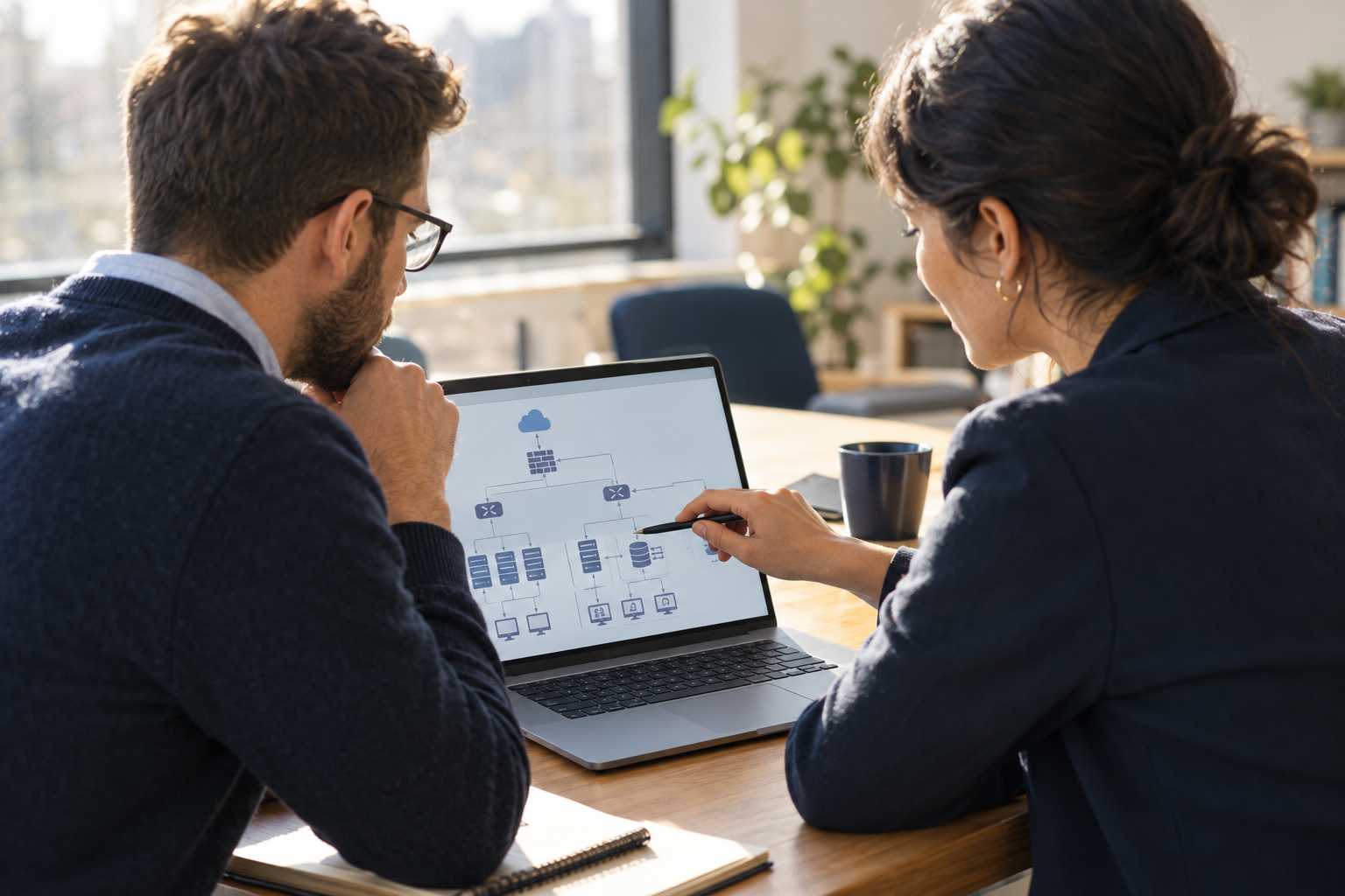 Two consultants reviewing a cloud infrastructure diagram on a laptop